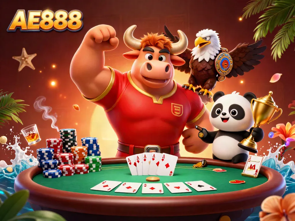 Experience the excitement of AE888 with a lively 3D casino scene featuring dynamic characters and poker elements.