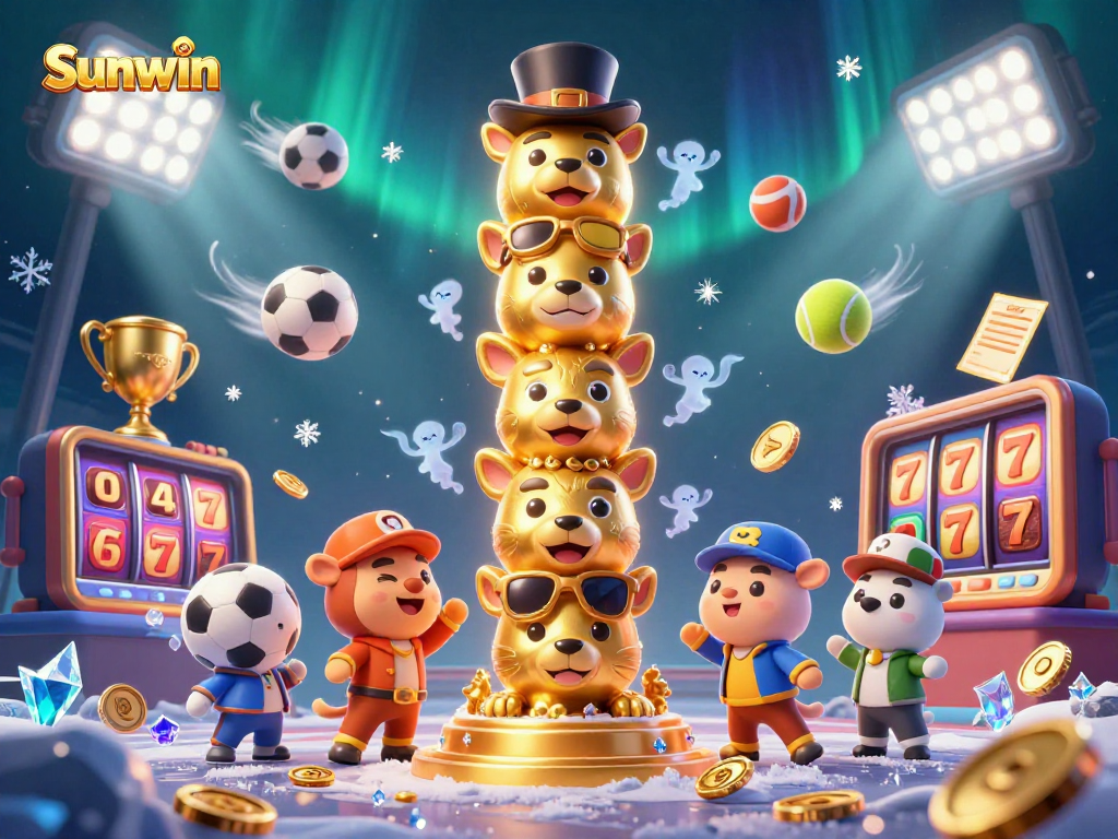 Play games at Sunwin with vibrant dynamics and colorful casino elements surrounding a captivating golden totem.