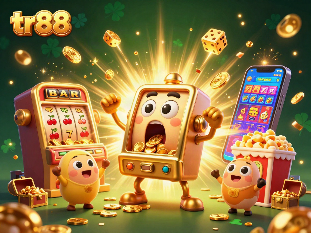 tr88 slot machine wins jackpot, surrounded by cheering machines and gold coins.