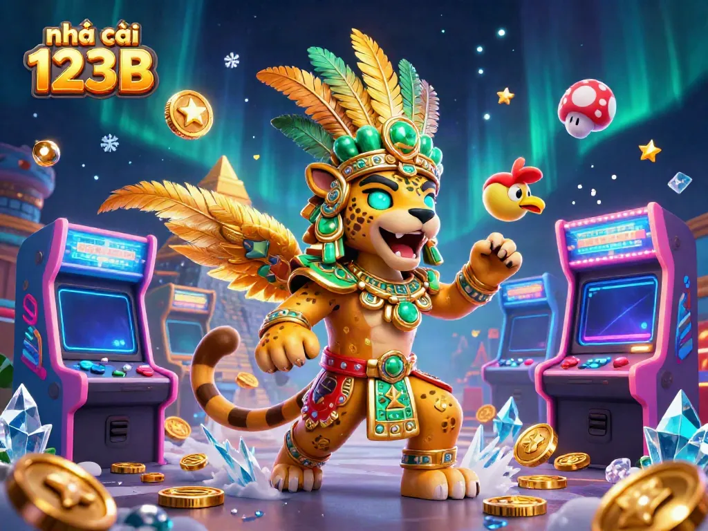 Immerse in action at nhà cái 123B with vibrant games, featuring a Mayan priest and golden bird in dynamic casino scene.