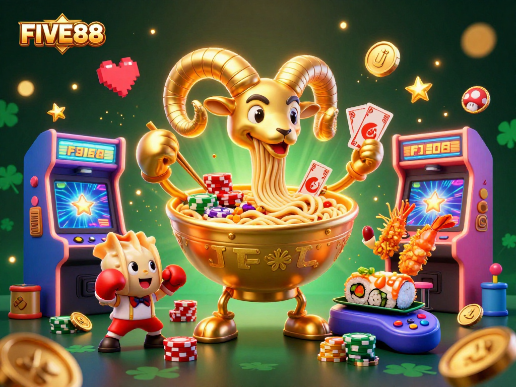 Experience the excitement at FIVE88 with a vibrant 3D cartoon casino scene featuring dynamic characters and gaming elements.