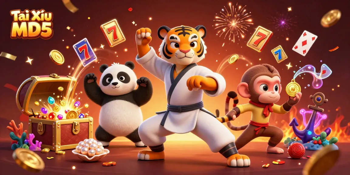 Engage with Tài Xỉu MD5 in an exciting scene filled with slot elements, vibrant characters, and casino decorations.