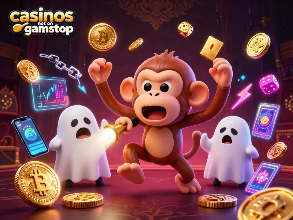 Engaging scene of casinos not on gamstop featuring a playful poltergeist monkey and ghost-hunter puppy.