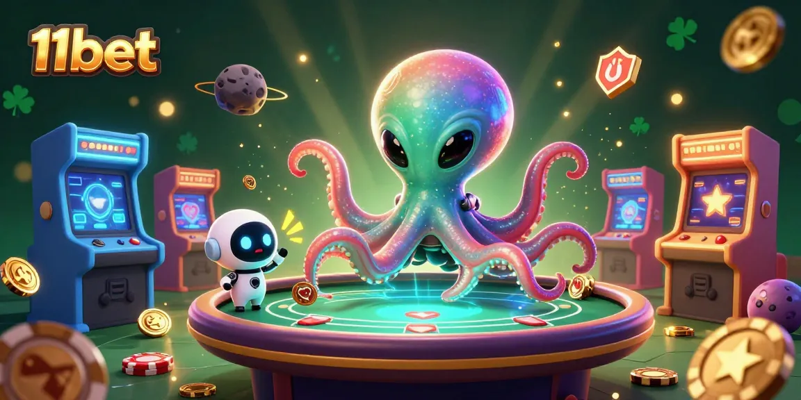 Experience the thrill of 11bet with a vibrant 3D octopus and poker table in an arcade-inspired casino scene.