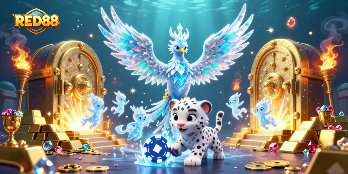 Engage with the stunning 3D cartoon ice phoenix and snow leopard in a vibrant RED88 casino scene.
