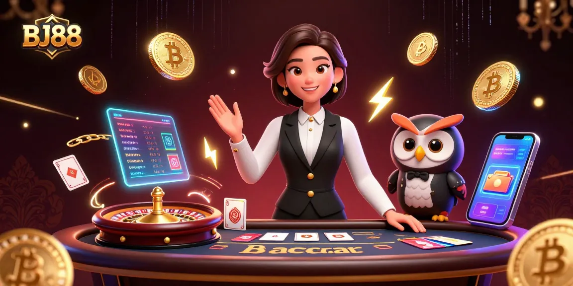 Join the action at BJ88 with live dealers and vibrant casino elements in this 3D illustration.