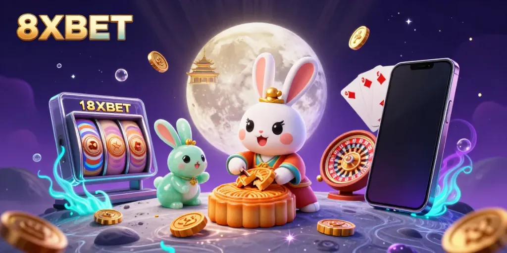 Experience the enchanting world of 8XBET with a moon rabbit crafting golden mooncakes on the lunar surface, revealing poker chips.