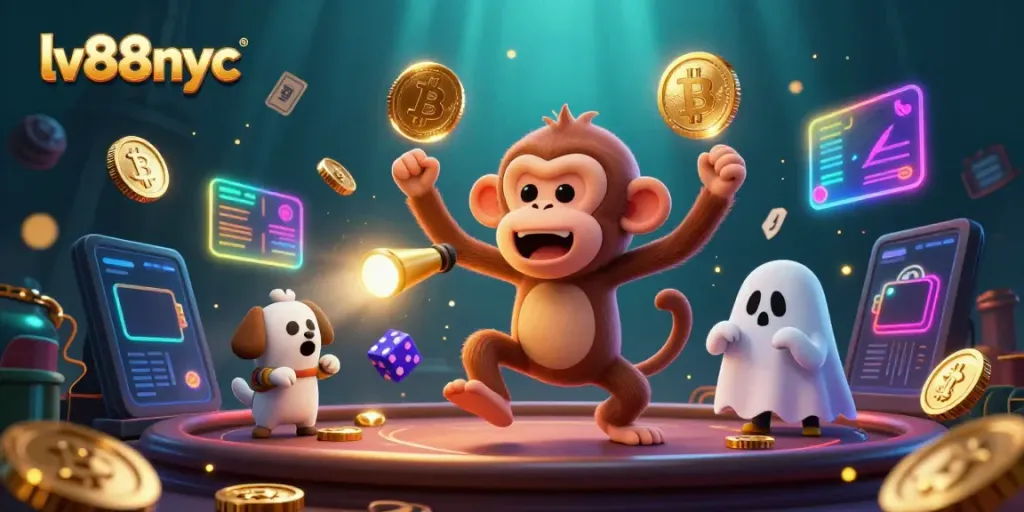Experience the excitement of lv88nyc as a mischievous monkey juggles golden coins in a haunted casino.