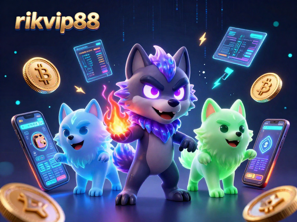 Play exciting games at rikvip88, featuring mystical wolves and vibrant crypto elements.