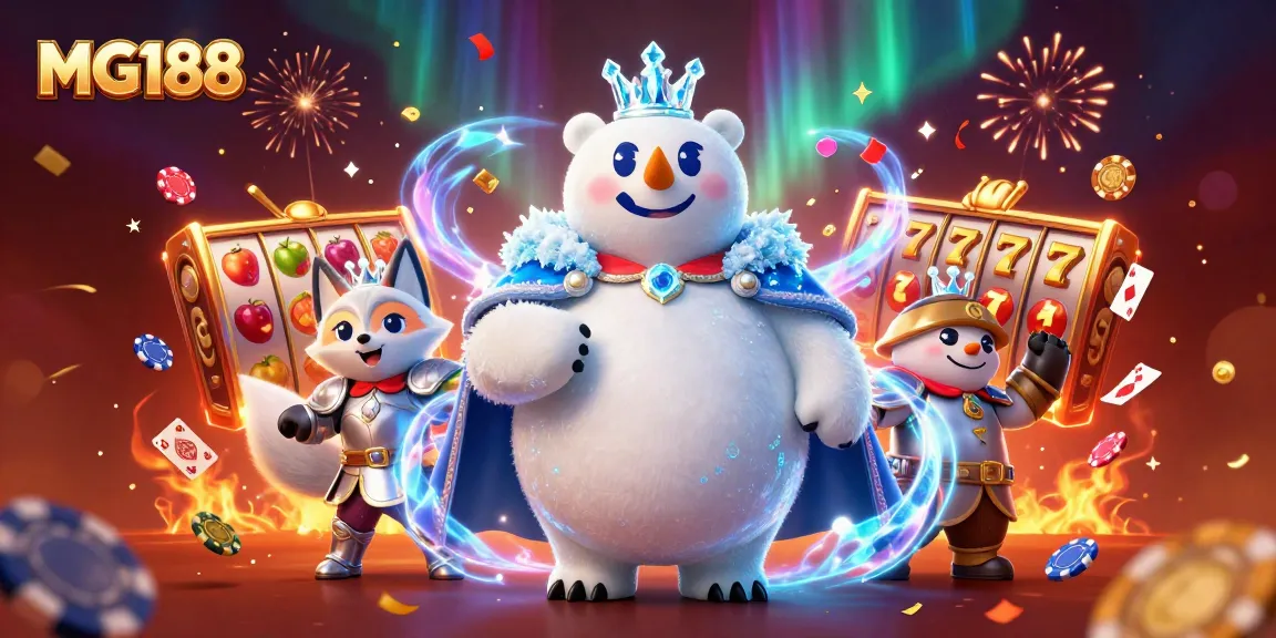 Engage with MG188 casino games featuring a dynamic polar bear king and snow fox amidst vibrant slot elements.