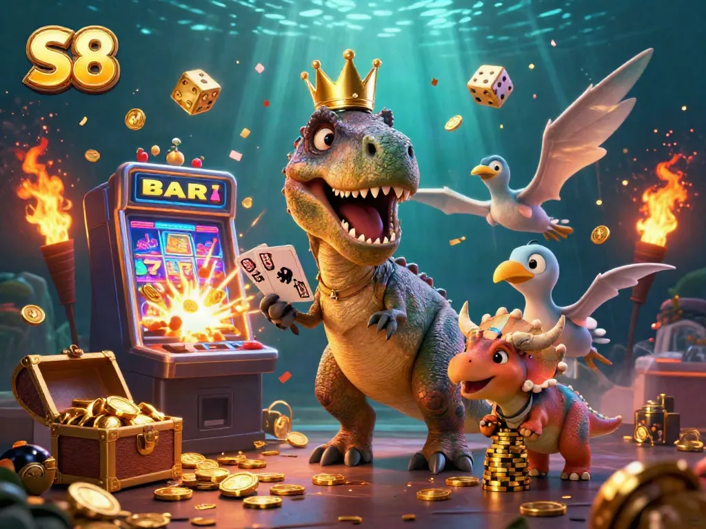 S8 casino game scene with a cartoon T-Rex, pterodactyl, and triceratops amidst slot machine explosions