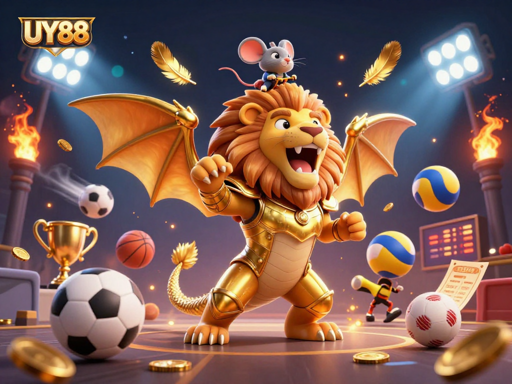 Experience the thrill of UY88 with a dynamic scene featuring a heroic chimera and joyful sports action.