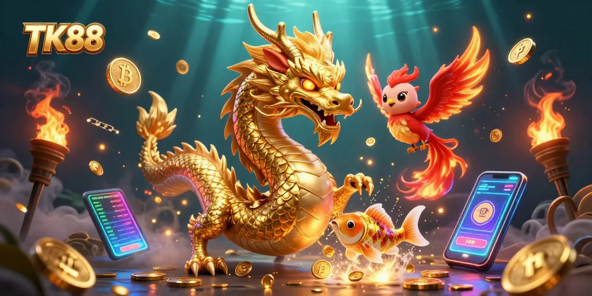 Bet on thrilling adventures with TK88 featuring a majestic dragon and fiery phoenix amidst rich casino elements.