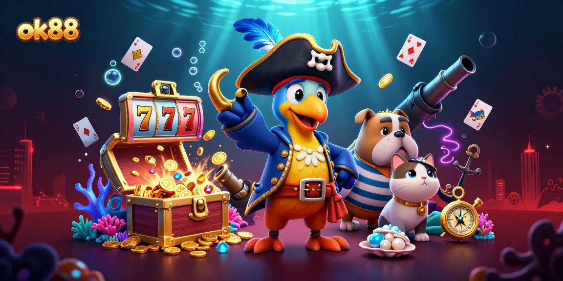 Engage with ok88 through a vibrant 3D casino scene featuring captivating characters and slot elements