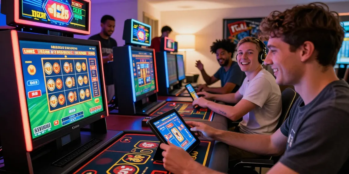 LUCK8 online gambling platform with players engaged in exciting casino games, showcasing vibrant digital interfaces and a lively atmosphere.