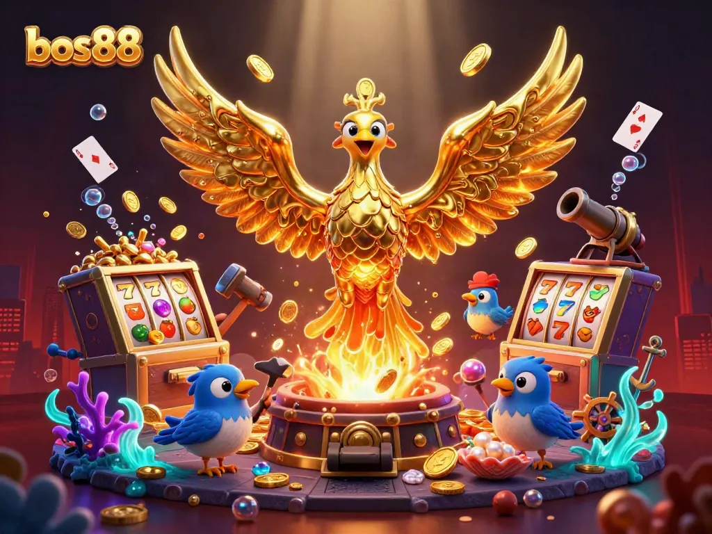 Engage with bos88's vibrant online gaming scene, featuring a golden phoenix and slot machines.
