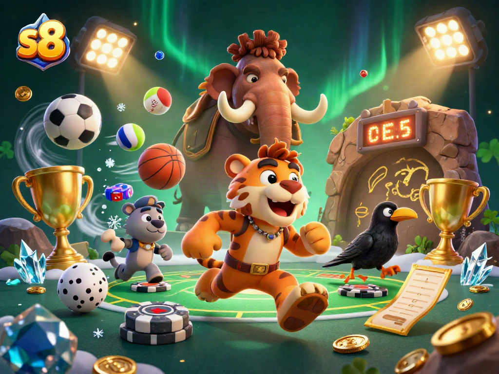 Experience thrilling betting at s8 with a unique prehistoric casino ambiance featuring a caveman, saber-tooth tiger, and sports elements.
