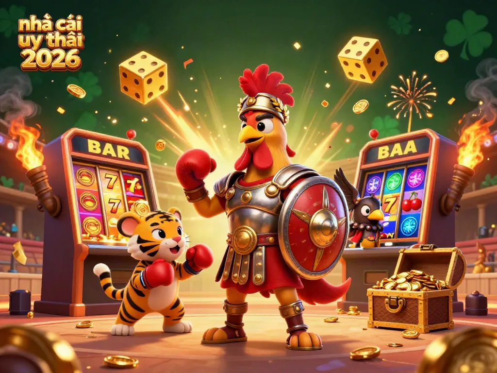 Engage in thrilling action at nhà cái uy tín 2026 with an epic 3D illustration featuring a gladiator rooster and casino elements.