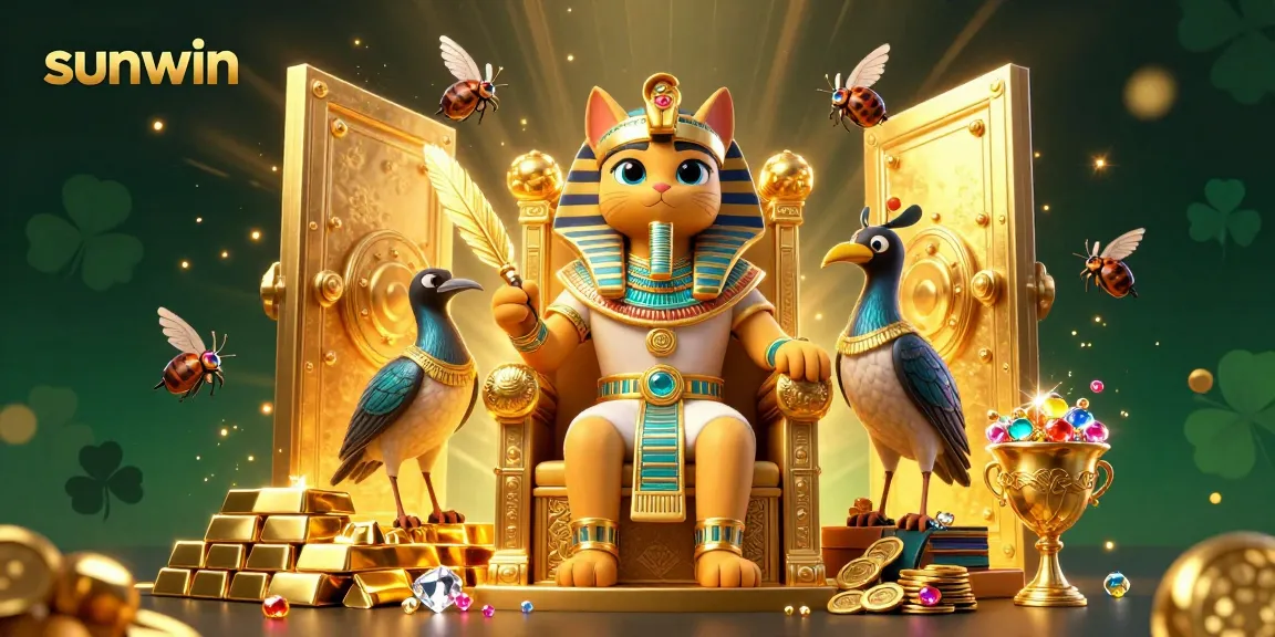 Experience the excitement of sunwin with a vibrant 3D illustration of a pharaoh cat in a casino scene.