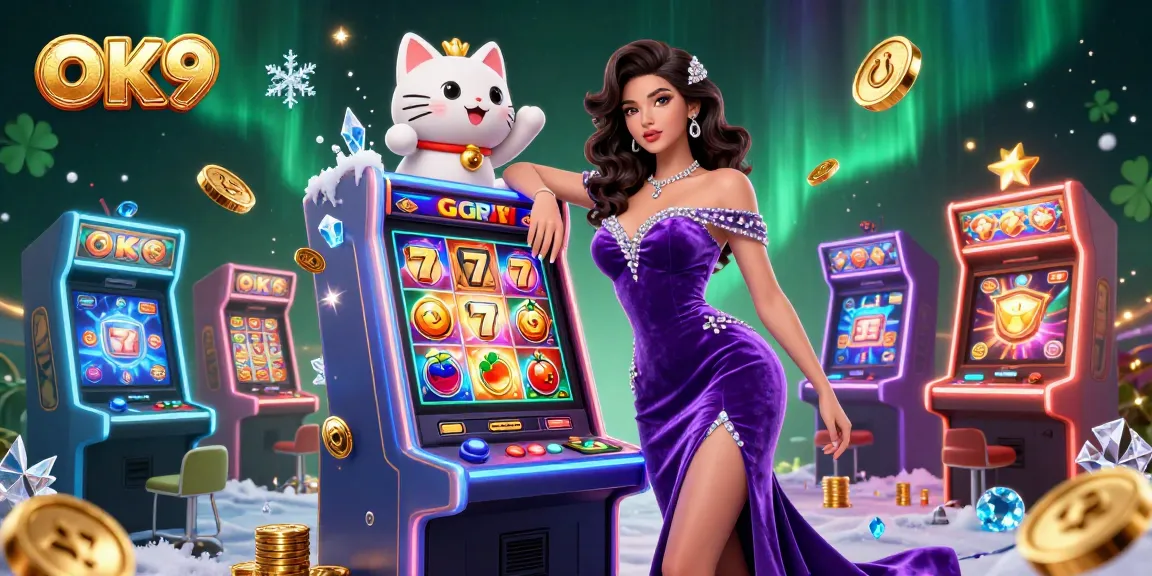 Spin the jackpot at OK9's dynamic casino scene, featuring vibrant gaming elements and a lucky fortune cat mascot.