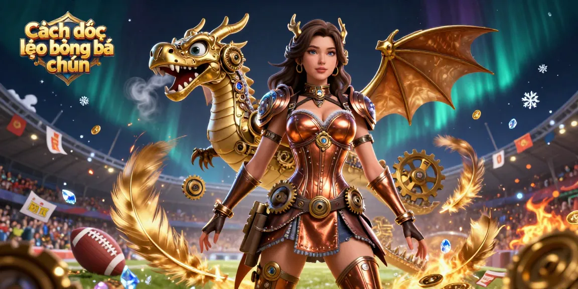Cách đọc kèo bóng đá chuẩn illustrated with a dynamic scene of a steampunk woman and a mechanical dragon in a sports betting context.