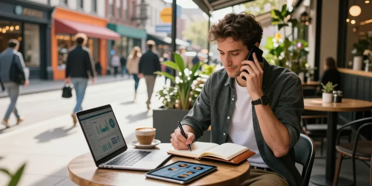 Youthful entrepreneur strategizing business decisions at a café, showcasing the concept of 123b.