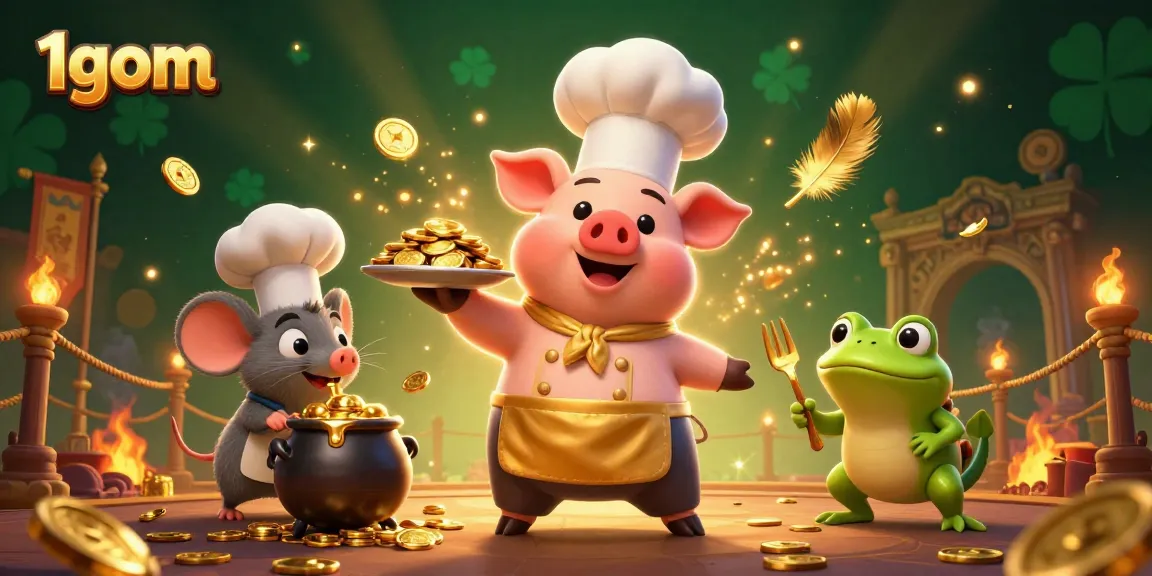 Experience thrilling sports betting with 1gom's engaging scene featuring chefs, coins, and dynamic elements.