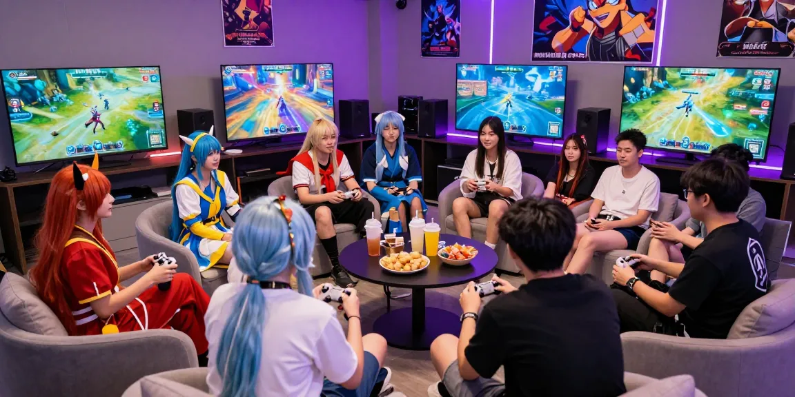 MMOO gaming community gathering with players in cosplay and vibrant decor.
