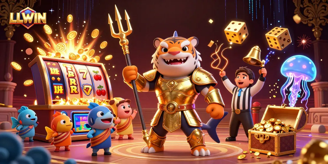 LLWIN offers thrilling gameplay with a 3D cartoon shark gladiator, showcasing immersive casino elements.