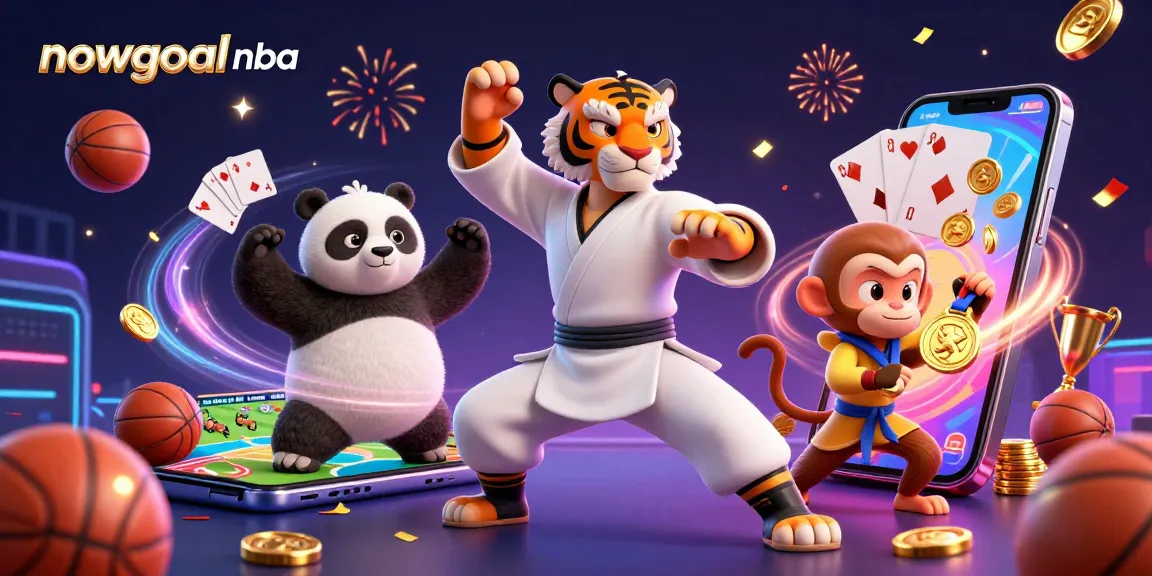 Nowgoal NBA illustration showing a vibrant scene with a kung fu master amidst sports elements, revealing the excitement of betting.