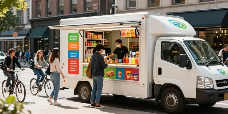 Mobile convenience store on wheels engaging customers with healthy snacks and drinks in an urban setting