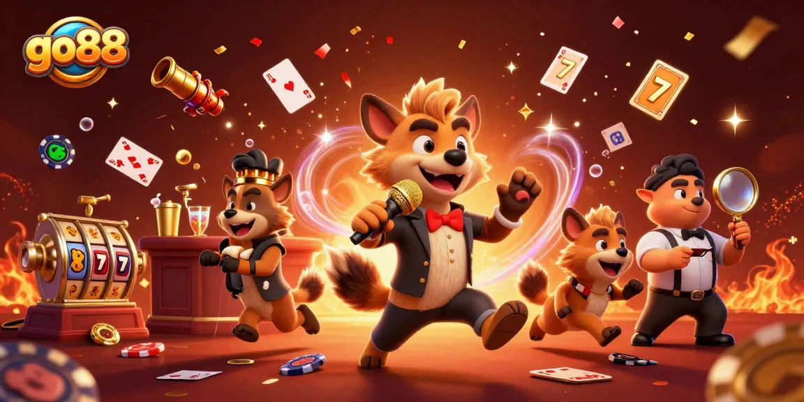 Experience the fun at go88 with animated hyenas running a lively casino scene filled with playing cards and colorful game elements.