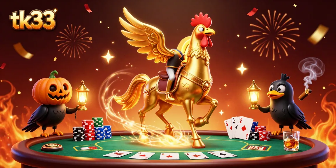 Experience thrilling poker action at tk33 with golden rooster in a vibrant casino scene.