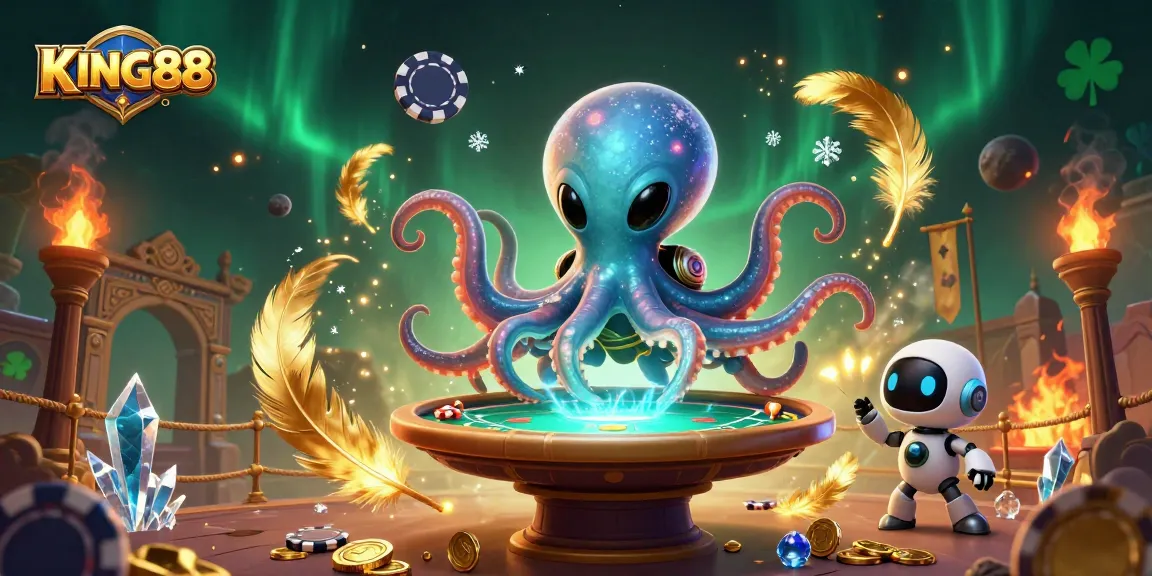 Join the excitement at KING88 with a vibrant 3D scene featuring an alien octopus engaging in thrilling poker action.