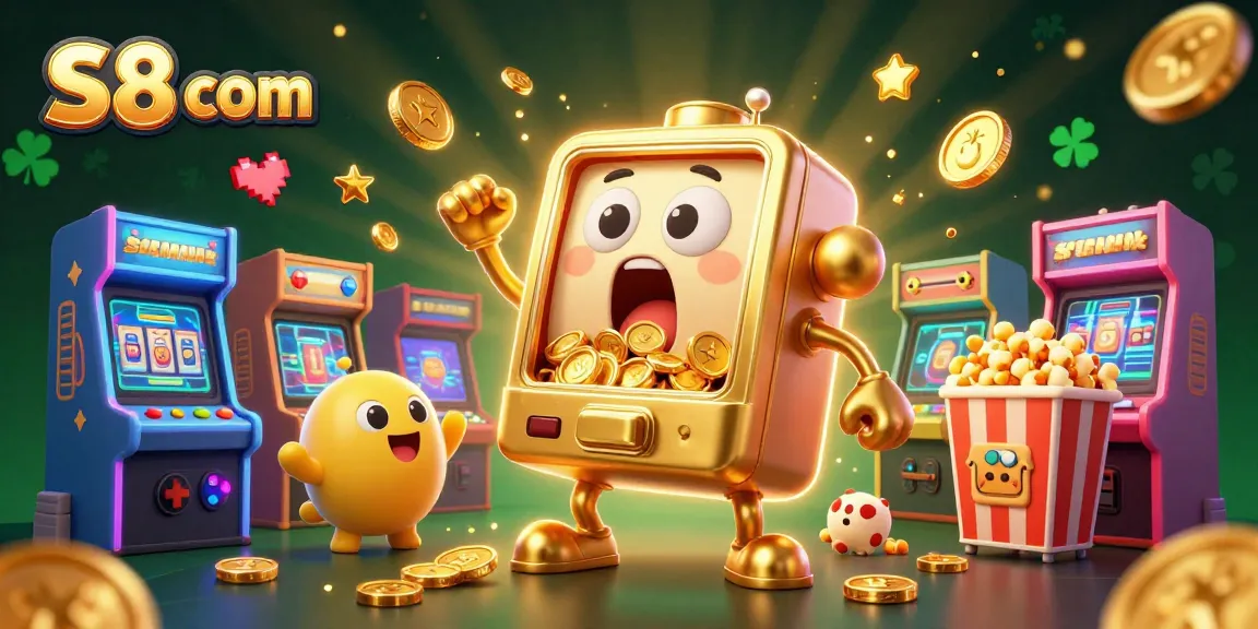 Spin the reels at S8 com with a golden slot machine celebrating a jackpot while baby machines cheer.