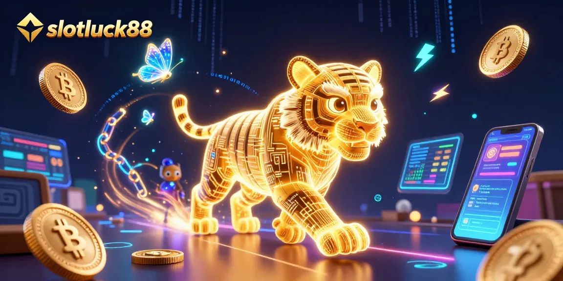 Experience slotluck88's dynamic digital casino world with neon elements and cryptocurrency details.