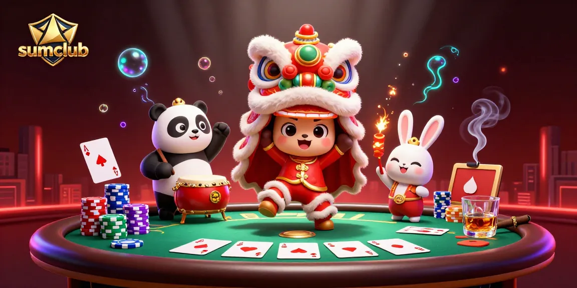 Experience the thrill at sumclub's vibrant gaming scene with a lively lion dance and poker action!