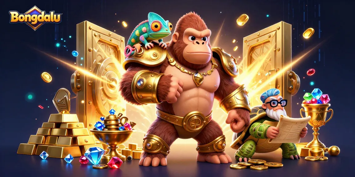 Bongdalu showcases a powerful casino scene with a gorilla in armor, a chameleon spy, and ancient scrolls amidst treasures.
