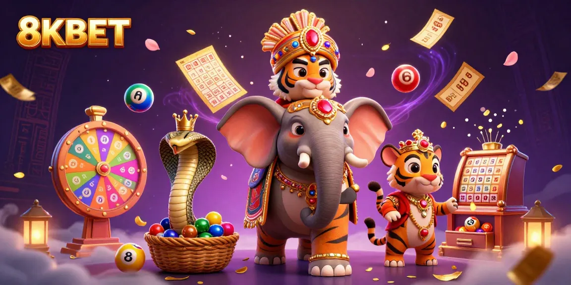 8KBET showcases vibrant gaming elements, featuring a majestic maharaja tiger and an elephant in a lively casino scene.