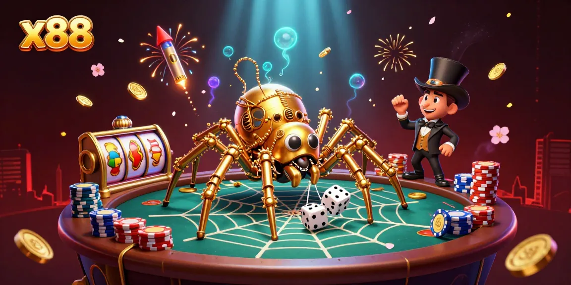 Catching unlucky dice in a golden web at the x88 steampunk casino with vibrant game elements.
