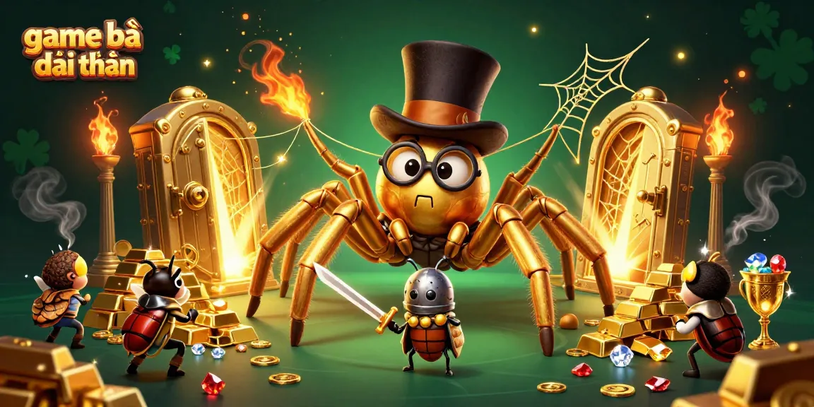 Engage in the thrilling world of game bài đổi thưởng with a dynamic, colorful illustration of characters and casino treasures.