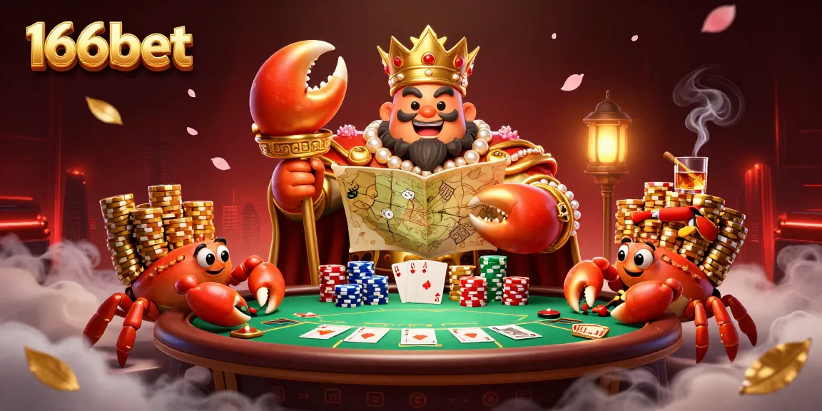 Experience thrilling gaming with 166bet's vibrant casino illustration showcasing a golden crab emperor.
