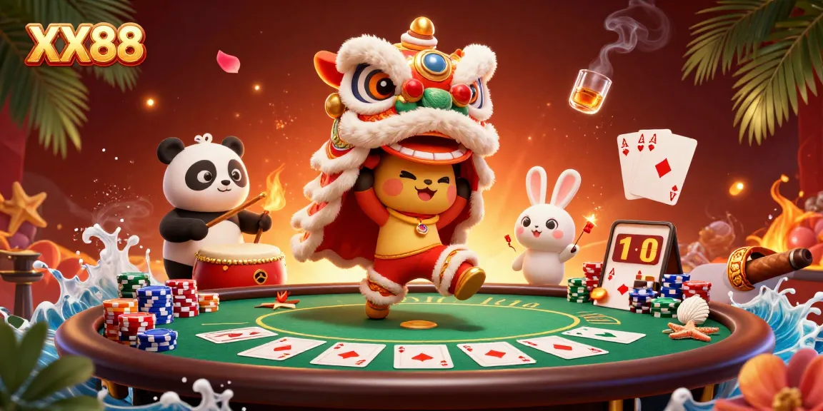 Experience thrilling gameplay at XX88 with vibrant characters dancing around poker chips and cards.