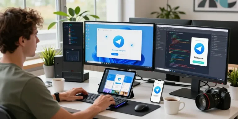 Exciting workspace showcasing a user preparing for Telegram Download with multiple devices and vibrant tech elements.