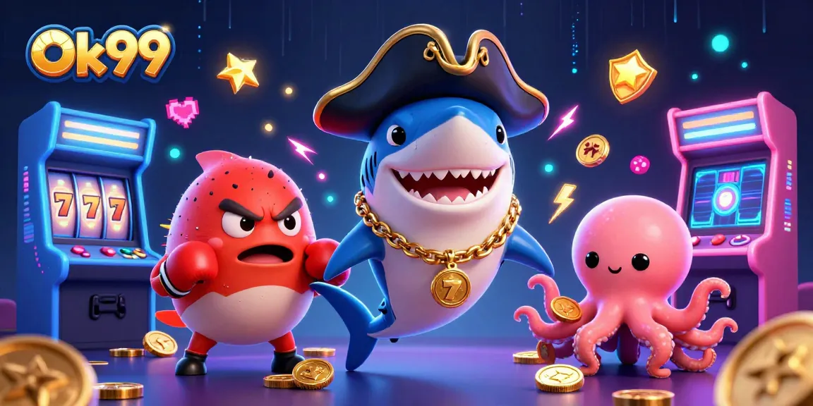 Engage with Ok99's vibrant casino scene featuring a pirate shark, boxing pufferfish, and octopus, celebrating gaming.