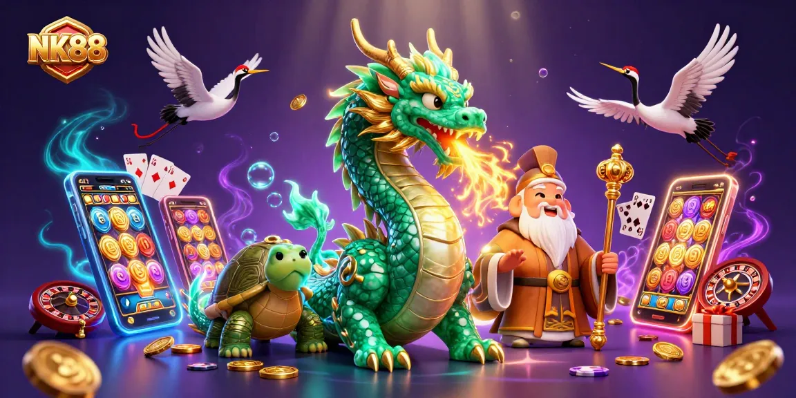 Engage with NK88's vibrant casino scene, featuring a jade dragon and exciting game elements.