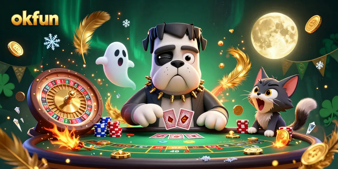 Engage in thrilling gameplay at okfun while a Frankenstein bulldog deals cards in a vibrant casino atmosphere.