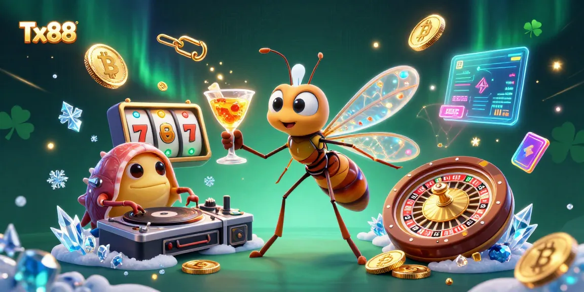 Experience Tx88 with a casino mascot cocktail, fossil DJ, golden roulette, and vibrant slot elements.