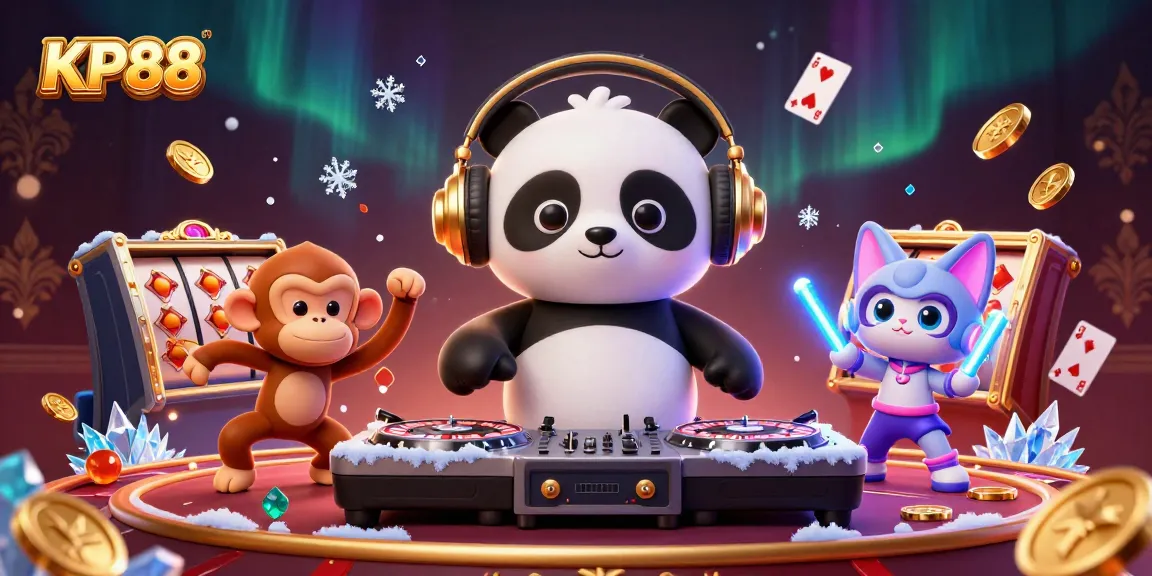 KP88 showcases thrilling gambling action with a DJ panda and dancing monkey in a lively casino scene.