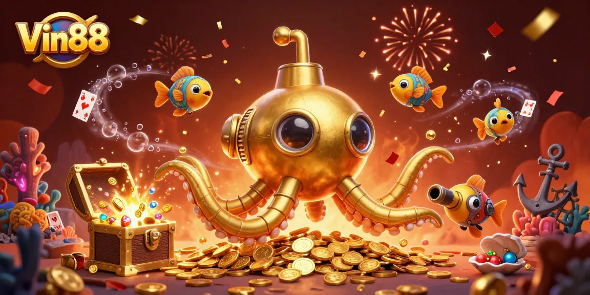Engage in thrilling gameplay at Vin88 with a dynamic underwater casino adventure featuring a golden kraken.